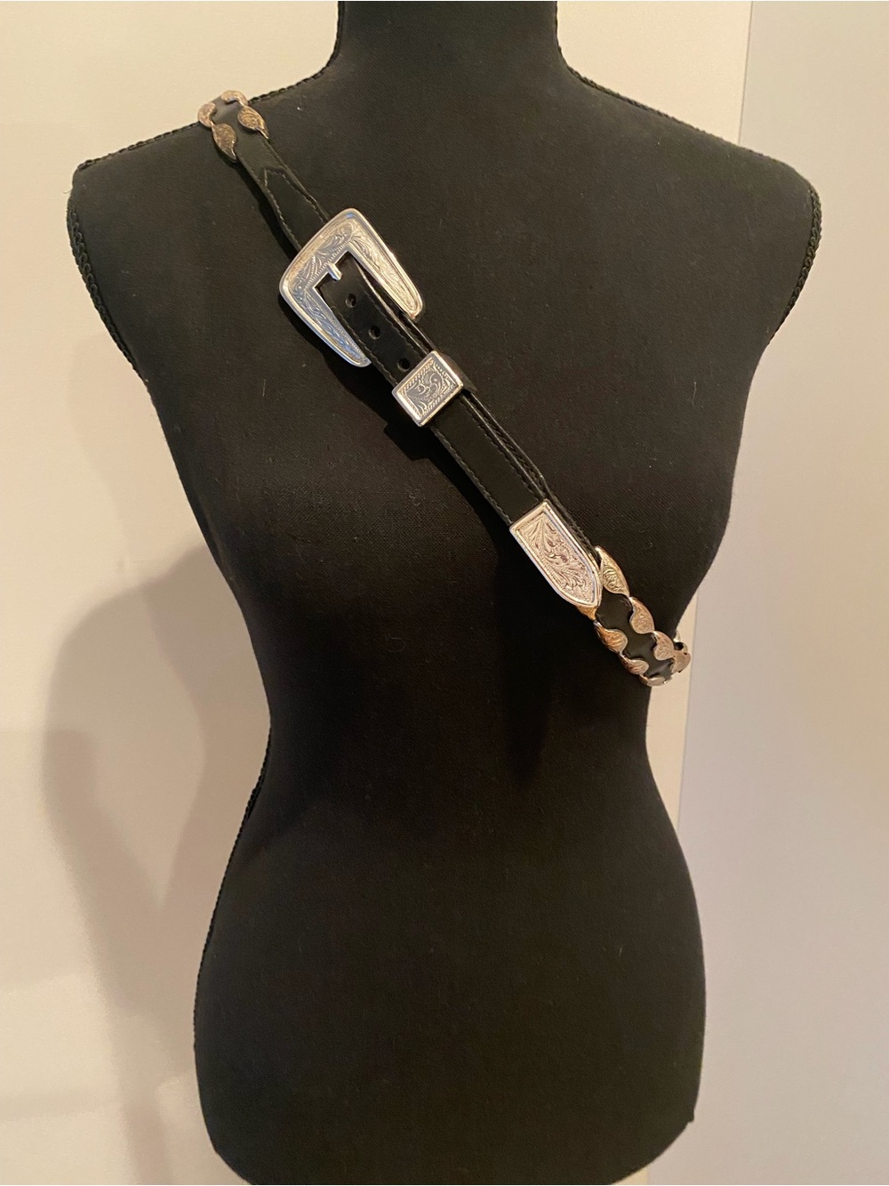 Black Top Grain Cow Hide Western Belt with Engraved Silver-Tone Hardware